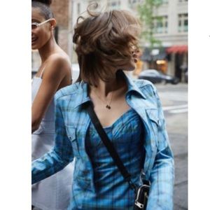 Urban Outfitters | cropped thin blue jacket w/ green, brown & orange plaid